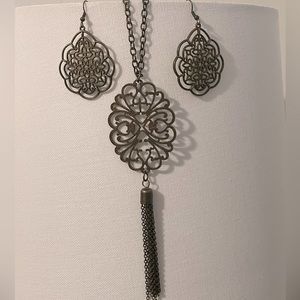 Necklace & earrings set, filigree design, antique bronze.
